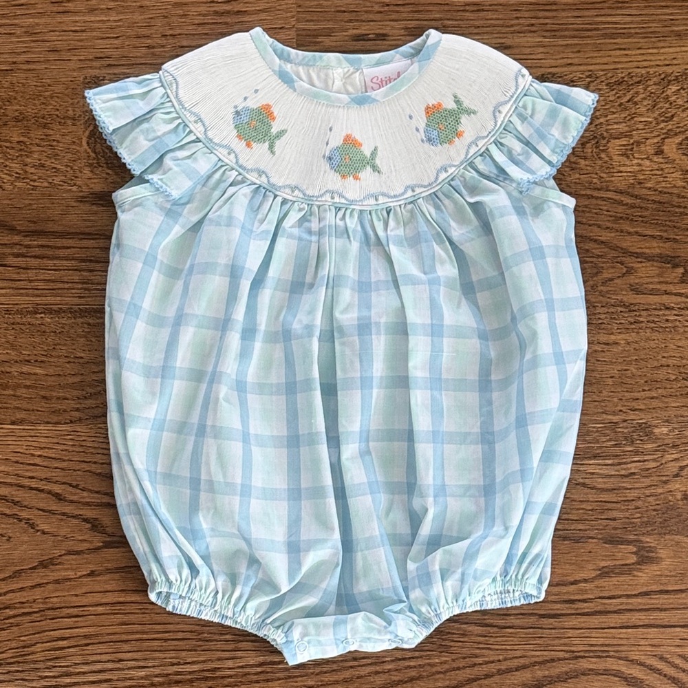 Bayside Bubbles Smocked Fish Light Blue And Green Plaid Bubble Romper